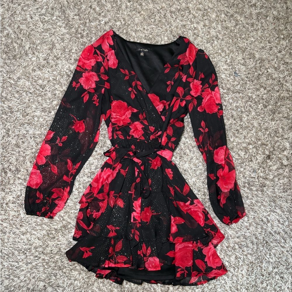 City Triangles Black & Red Floral Wrap Dress with gold accents and Tie Waist